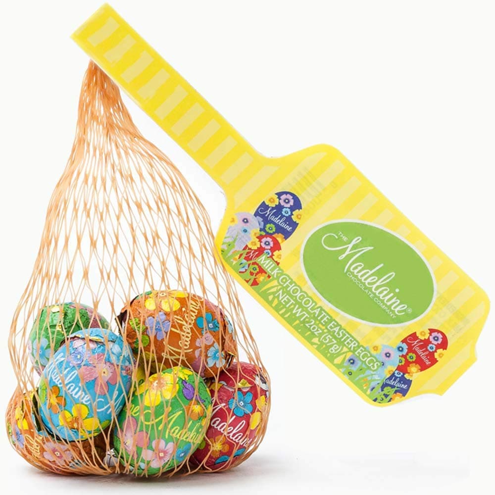 Madelaine Chocolates Easter Eggs (4 Mesh Bags) Solid Premium Milk Chocolate Eggs Foiled In A Variety Of Solid and Floral Colors - Traditional Easter Basket Mainstays (4 Mesh Bags)