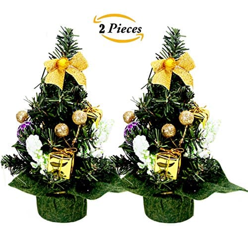 Mini Christmas Tree: 2 Packs 8" Tall Decorated Artificial Christmas Pine Tree ornament Tree for Office Table Home Desk Tops