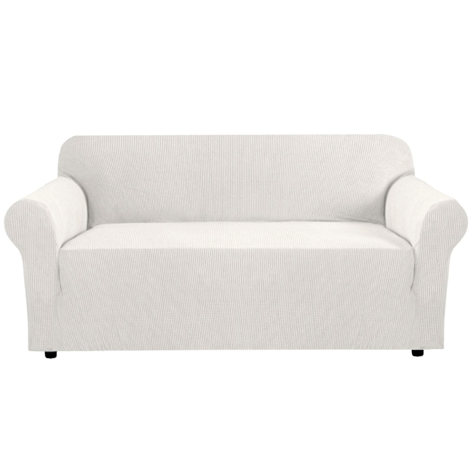 Stretch Sofa Slipcover 1-Piece Sofa Cover Soft with Elastic Bottom High Fitness Spandex Jacquard Fabric Small Checks Stretch Anti-Wrinkle Slip Resistant Form Fit Slipcover 4 Seater Sofa Cover,Ivory