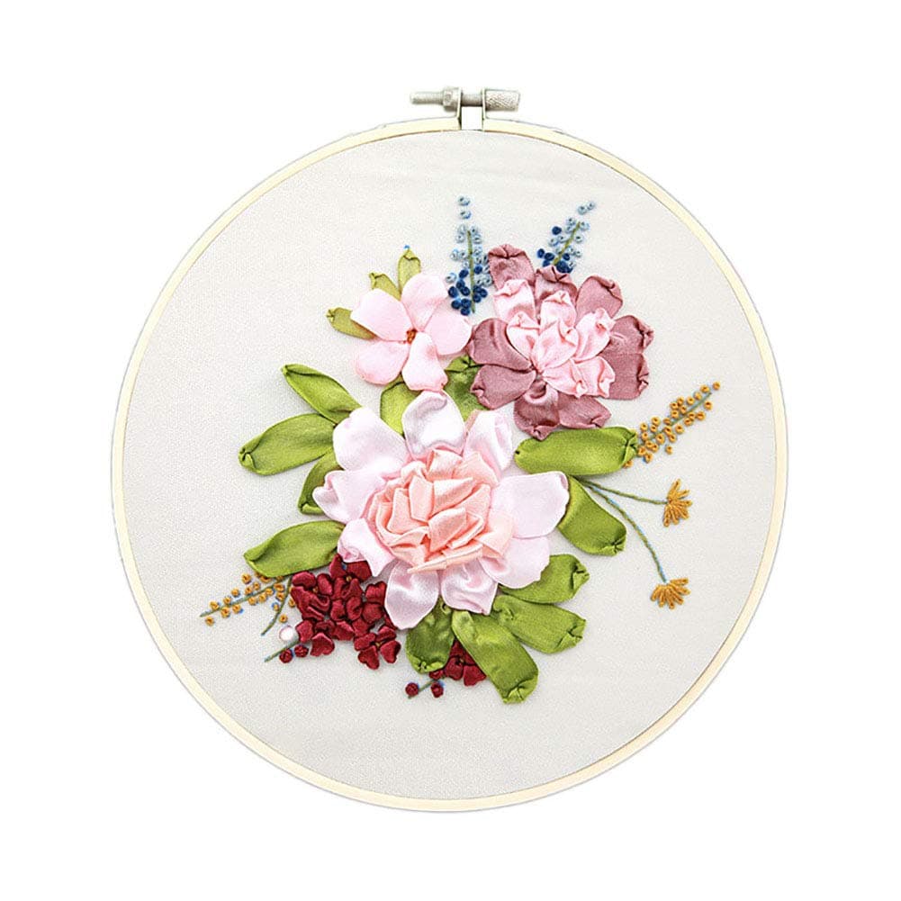 NMFIN Ribbon Embroidery Beginner Kit, DIY 3D Flower Printed Pattern Needlework Cross Stitch Handmade Sewing Craft with Hoop for Home Wall Art Decoration
