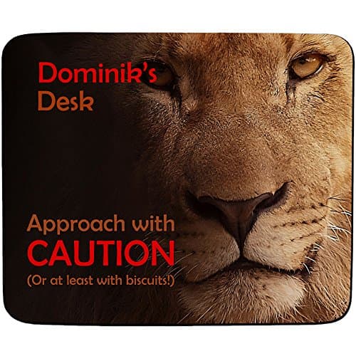 Dominik's Desk - Approach With Caution - Lion Design - Personalised Name Mouse Mat - Premium (5mm Thick)