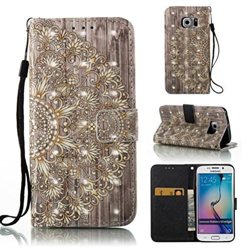 Galaxy S6 Edge case, [wrist strap] Magnetic wallet case inner rubber bumper [kickstand] shock absorbent scratch resistance card holder book case gift for samsung s6 edge-flower2