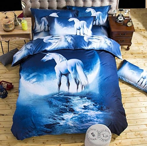ASAKUSAIREN Bed Sheet Set -3D Galaxy Print Bedding Blue Outer Space Stars Universe Bedroom - Wrinkle, Fade, Stain Resistant - Hypoallergenic - 4 Piece (moonlight unicorn, 59 x 83 inches)