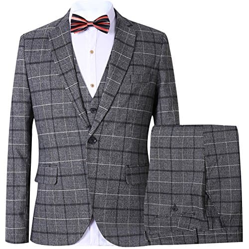 Men’s Slim Plaid Modern Fit One Button 3-Piece Suit Blazer Dress Suit Jacket Tux Vest &amp; Trousers (US XS 32 - CN M, Light Gray)