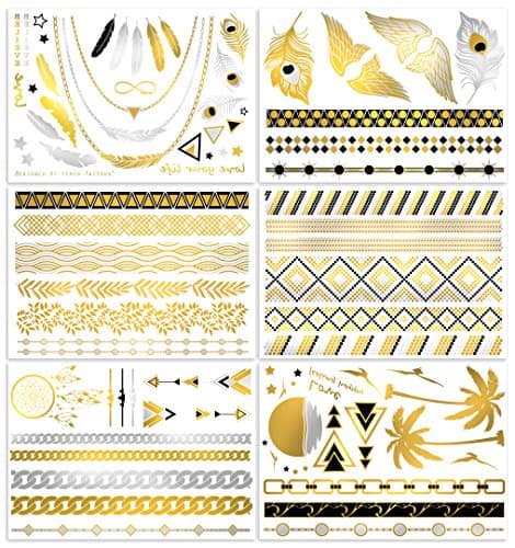 V.T Metallic Tattoos - HUGE! 6 SHEETS PACK (more than 50 tattoos!) - Gold Silver &amp; Black Body Temporary Metallic Tattoos - Jewelry Inspired Bling Temp Tattoos - Long Lasting Trendy Designs …