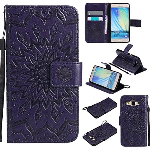 Galaxy A5 (2015) Case,for Samsung Galaxy A5 (2015) - KMETY(TM)Wallet Flip Stand Case PU Leather Case Shockproof Soft TPU Inner Bumper Protective Card Slots Wrist Strap Cover - Purple
