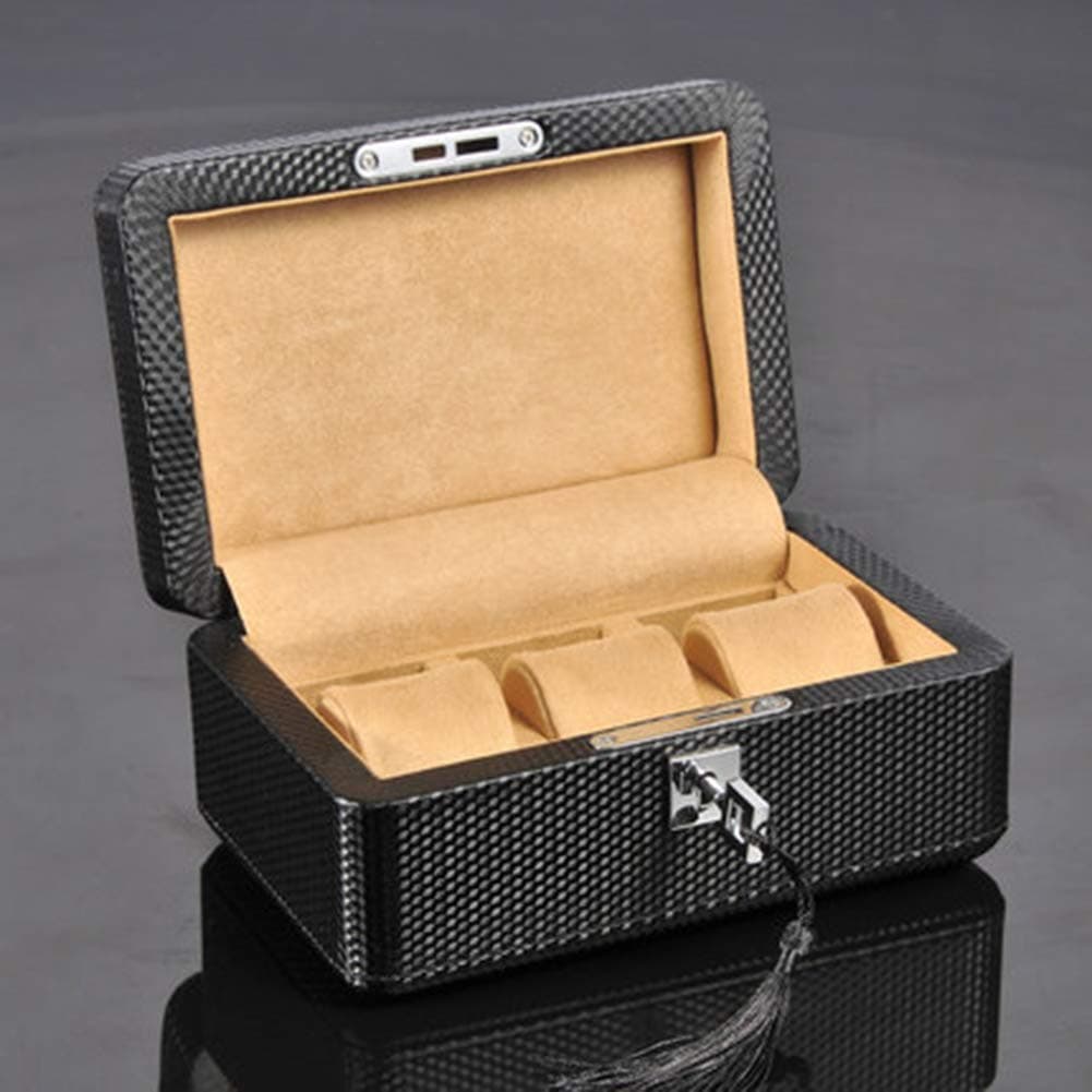 Black Carbon Fiber Pattern Watch Box, PU Leather with Lock Watch Display Box, Anti-fouling and Dustproof, Fashion Men/Women Storage Gift Box
