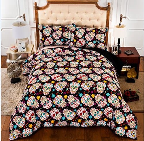 Sandyshow 3PC Sugar Skull Bedding Microfiber Duvet Cover Set  (Full/Queen, Sugar Skull)