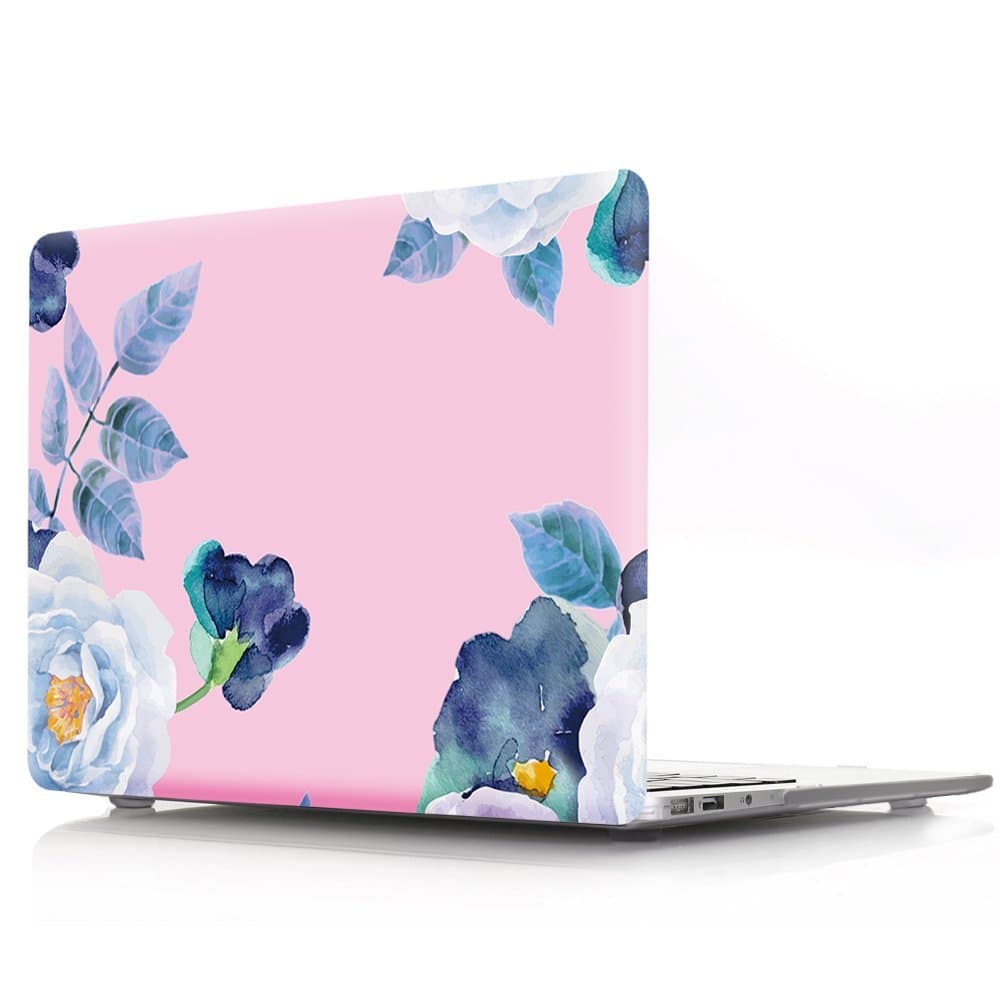 Old MacBook Air 13 Inch Case Without Touch ID, iZi Way Pink Paint Floral Pattern Design Smooth Touch Plastic Hard Shell Case Cover for Model A1466 & A1369 - White Peony Flowers