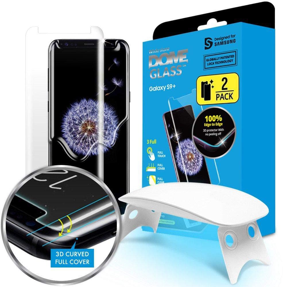 (2 Pack) Dome Glass Galaxy S9+ Plus Screen Protector Tempered Glass Shield, Full Screen Coverage 3D Curved [Liquid Dispersion Tech] Easy Install Tray and UV Light by Whitestone for Samsung Galaxy S9+