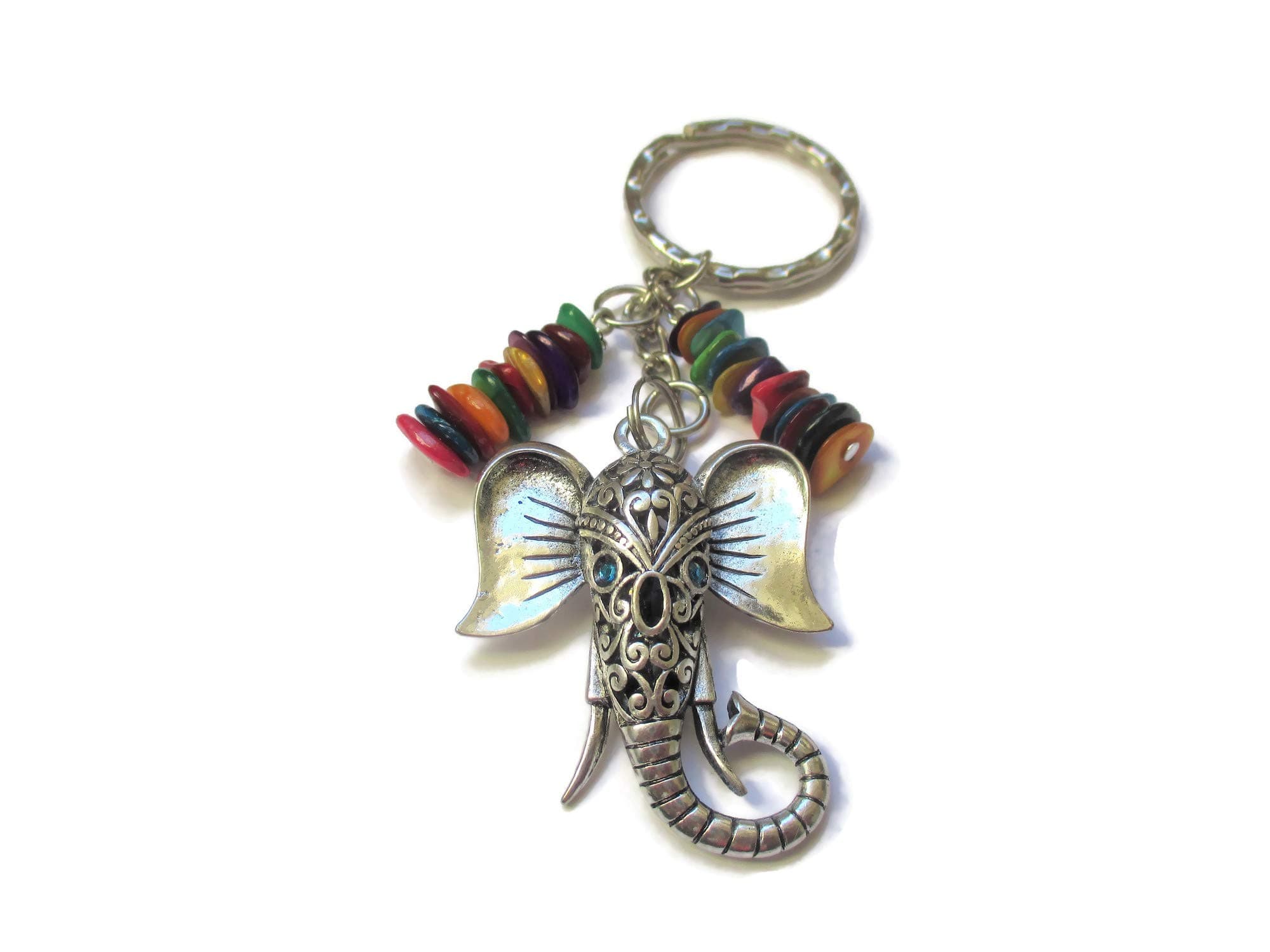 Ruby Rouge JewelleryElephant Head Charm Keyrings with Rainbow Shell Beads and Gift bag