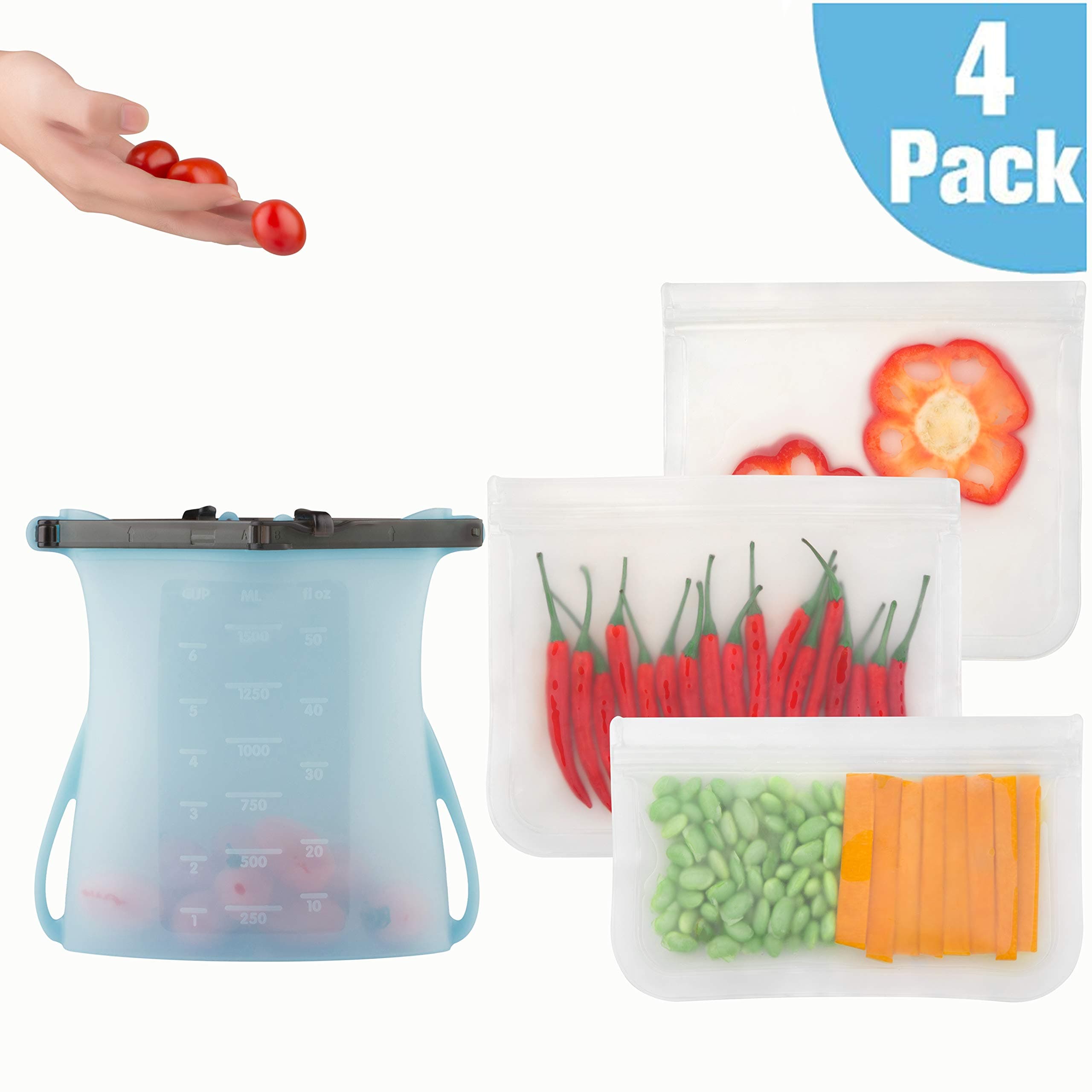 Reusable Storage Bags, 1 Pack Reusable Silicone Bag+3 Pack Resealable Plastic Bags, Collapsible Food Storage Bags, Sandwich Bags and Snack Bags for Kitchen Office Travel(4 pack)