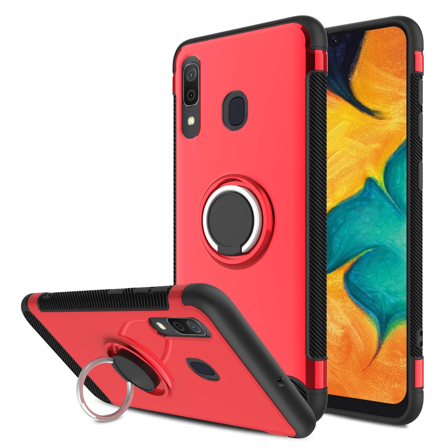 Yunerz Galaxy A20 Case, Galaxy A30 Case, Slim Dual Layer Hybrid Defender Armor 360 Degree Rotating Ring Kickstand Protective Case with Magnetic Case Cover for Samsung Galaxy A20/A30 6.4inch (red)