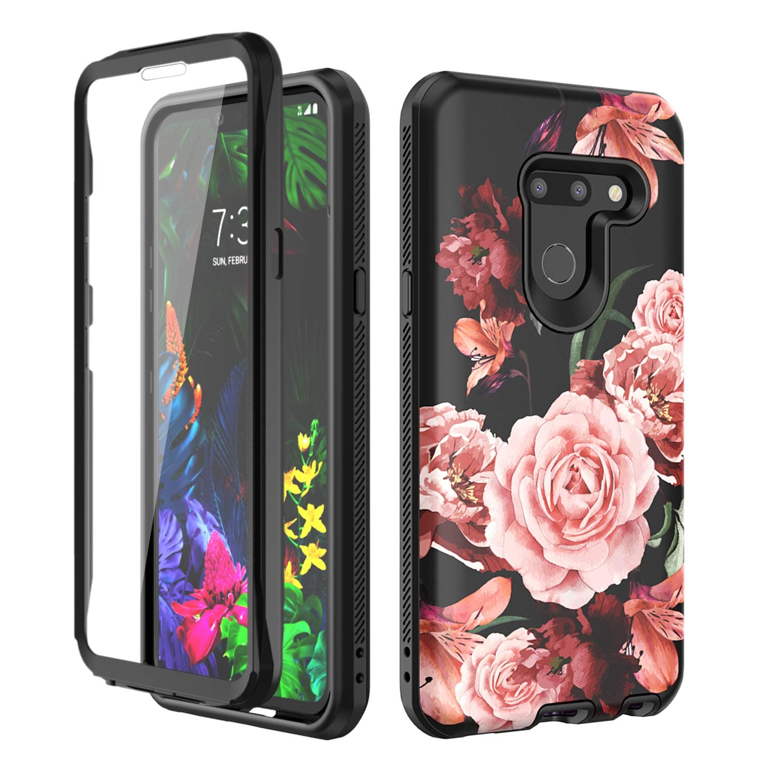 SKYLMW Case for LG G8 ThinQ 2019,[Built in Screen Protector] Shockproof Anti-Scratch Full Body Hard Plastic & Soft TPU Three Layer Protection Rugged Cover for LG G8 for Women Flower