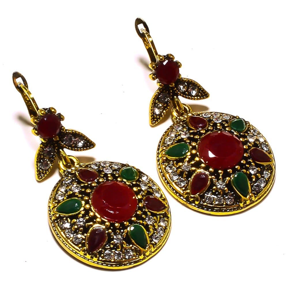Turkish Style! Handmade Jewelry! Red Dyed Ruby, Dyed Emerald Brass Metal Earring 1.5"