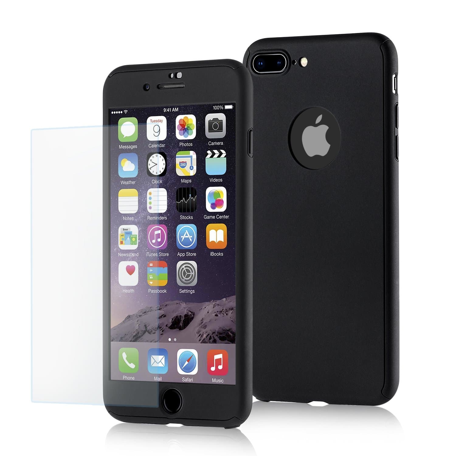 iPhone 7 Plus Full Body 360 Degree Protection Case, AOODOO Black Matte and Slim Hard Case with Tempered Glass Screen Protector (5.5 Inch)