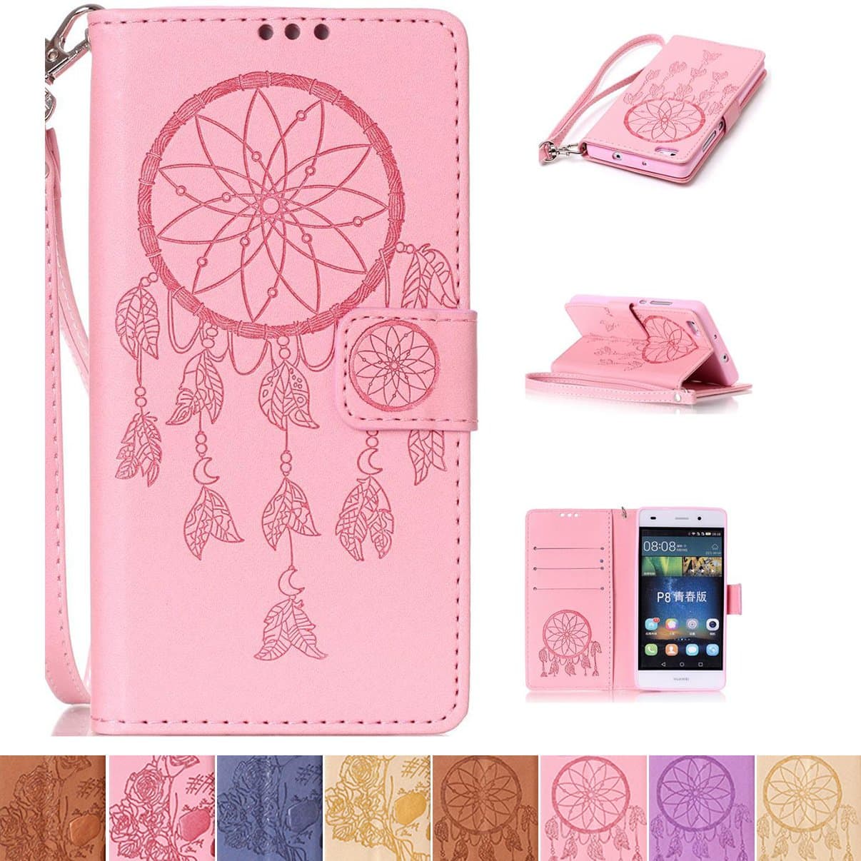 Huawei P8 Lite Case, Firefish [Kickstand] PU Leather Flip Folio Emboss Style Wallet Case Bumper Cover with Strap Magnetic Buckle for Huawei P8 Lite - Net-F