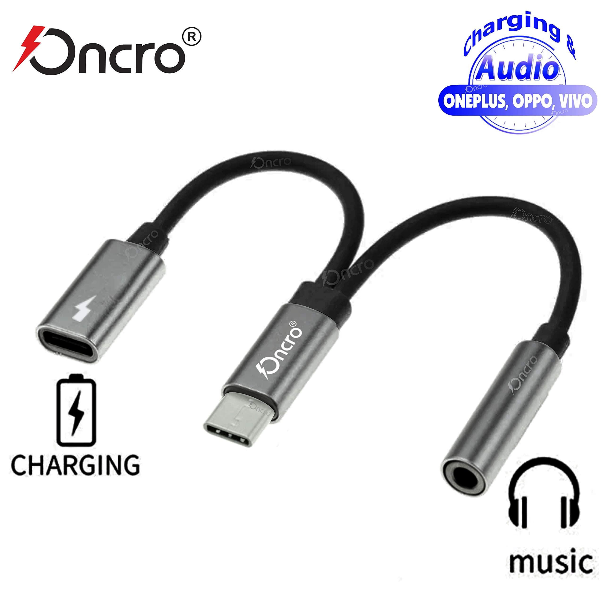 ONCRO® Smart Metal Grey-Black 2 in 1 Type C to 3.5mm Aux Headphone Splitter Adapter Jack and Charging Cable Converter with Wire for Oneplus 6t, 7, 7 pro. (Grey- Metal)