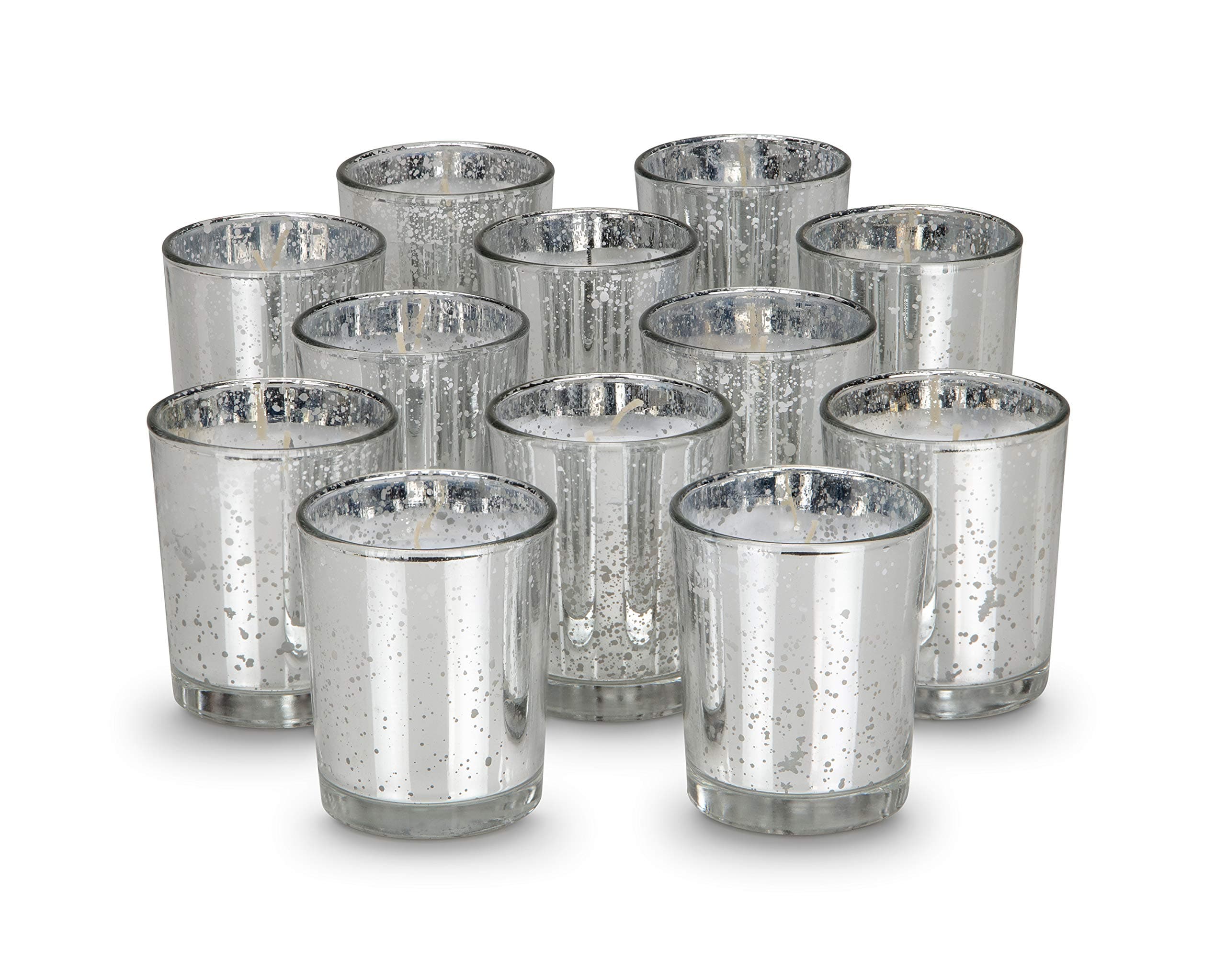 10 Hour Votive Candles with Holders 12-Pack Silver Decorative Glass Home Decor, Beautiful Living Room, Kitchen, Bathroom Lighting | Long-Lasting Wax
