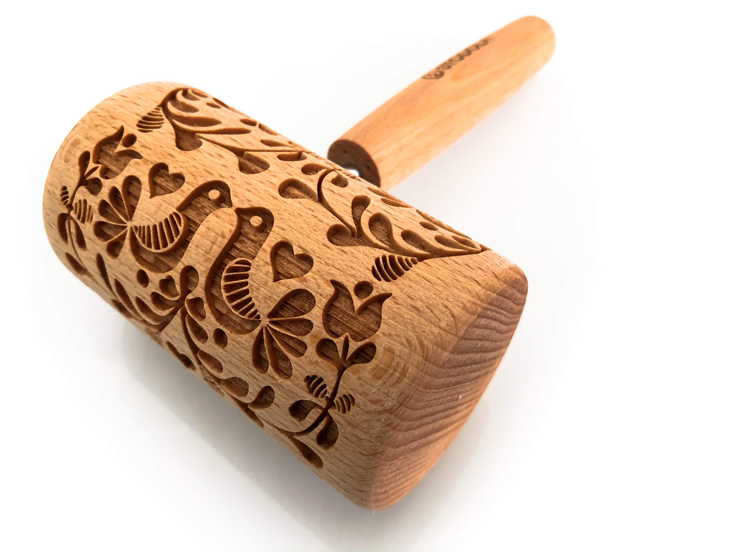 Engraved Mini Rolling Pin with Pattern for Embossed Cookies Folk Doves