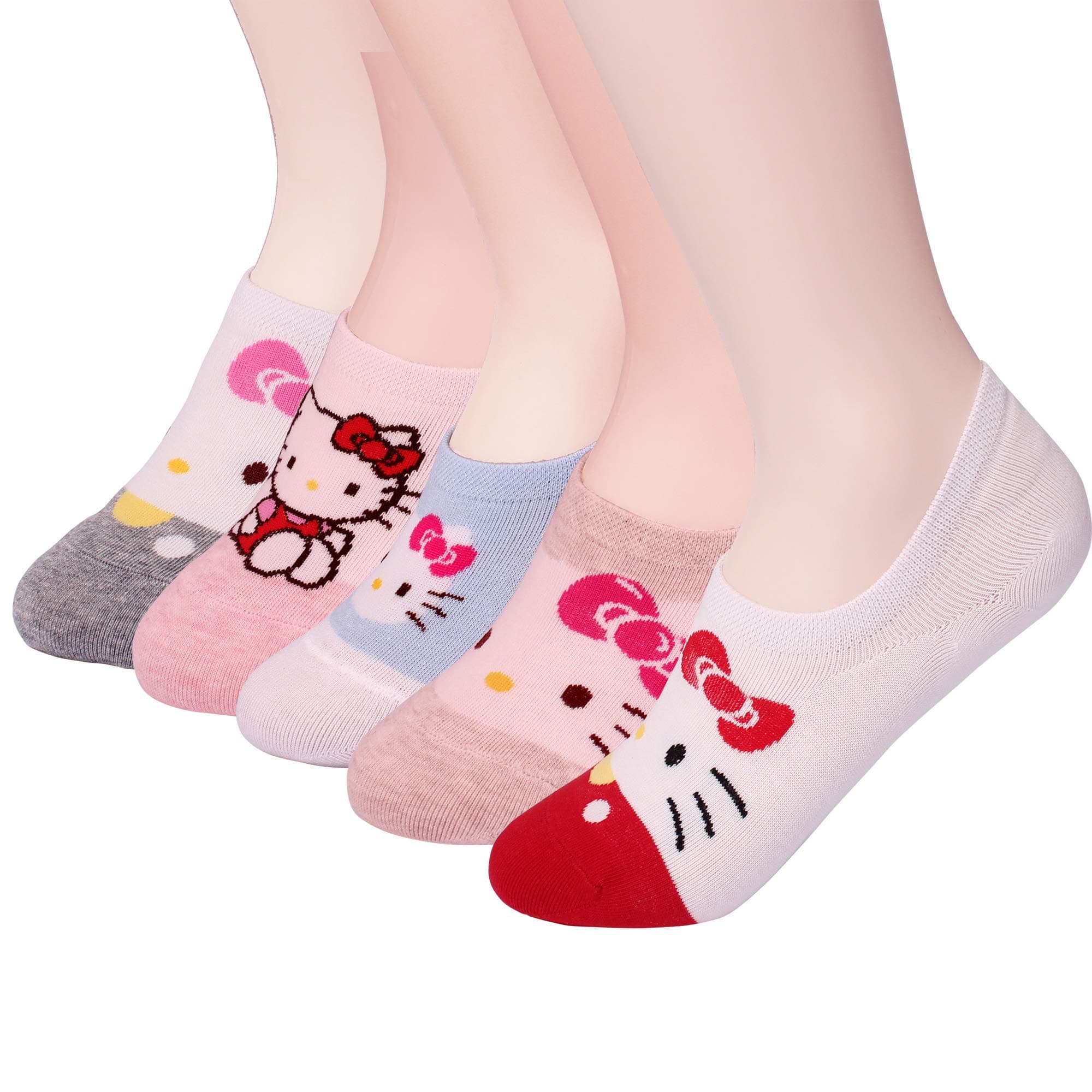 Womens Hello Kitty Basic 3 to 8 Pack Casual Fashion No Show Liner silicon Fake Peds Foot Socks Non Slip Socks