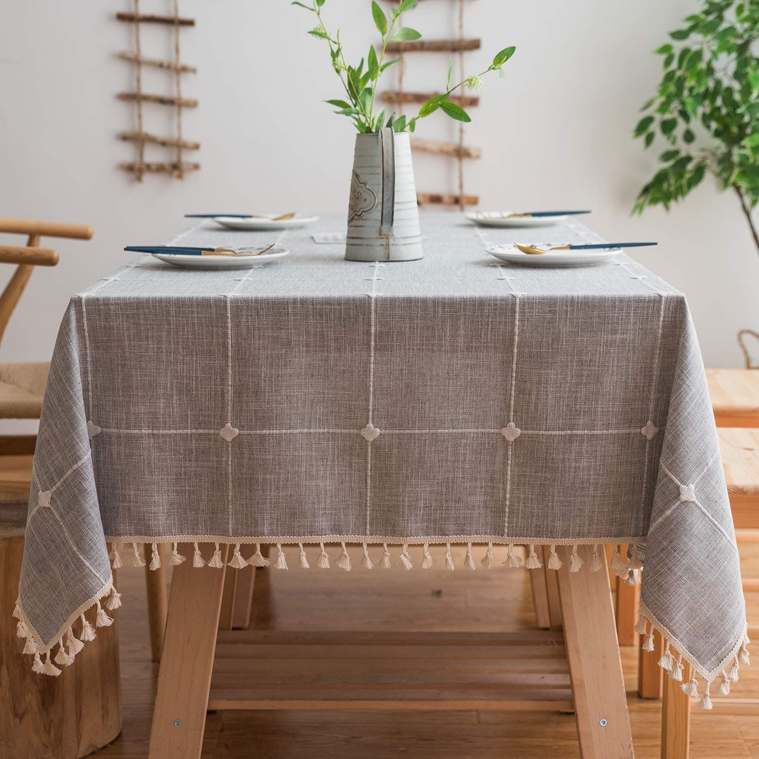 Mokani Washable Cotton Linen Stitching Tassel Design Tablecloth, Rectangle Table Cover Great for Kitchen Dinning Tabletop Buffet Decoration (1-Gray, Rectangle/Oblong, 55 x 78 Inch)