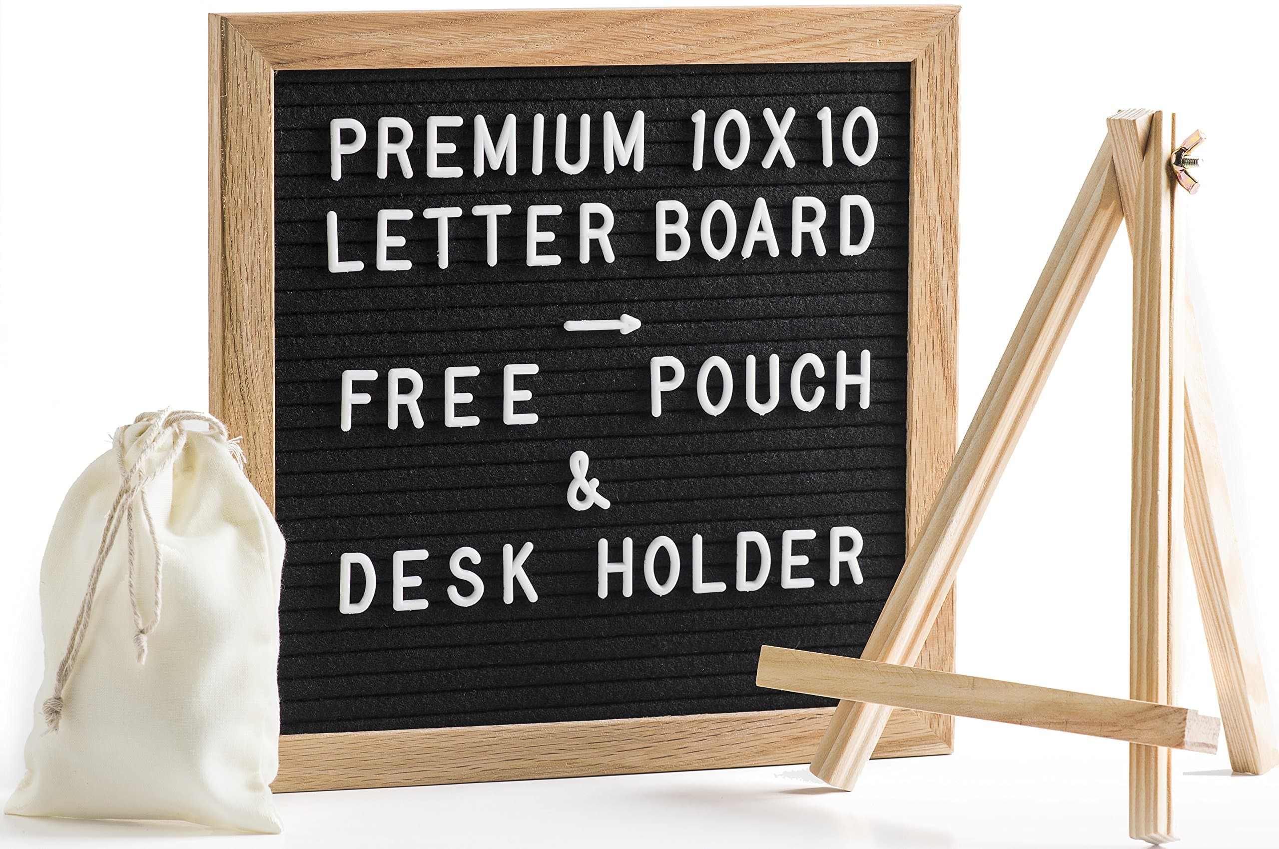 Changeable Letter Board with BONUS Mini Easel and Scissors | 10 by 10 Inches Oak Wood Frame Memo Board | 335 ¾ Inch White Letters, Numbers, Punctuations and Emojis | Mounting Hook and Letter Bag