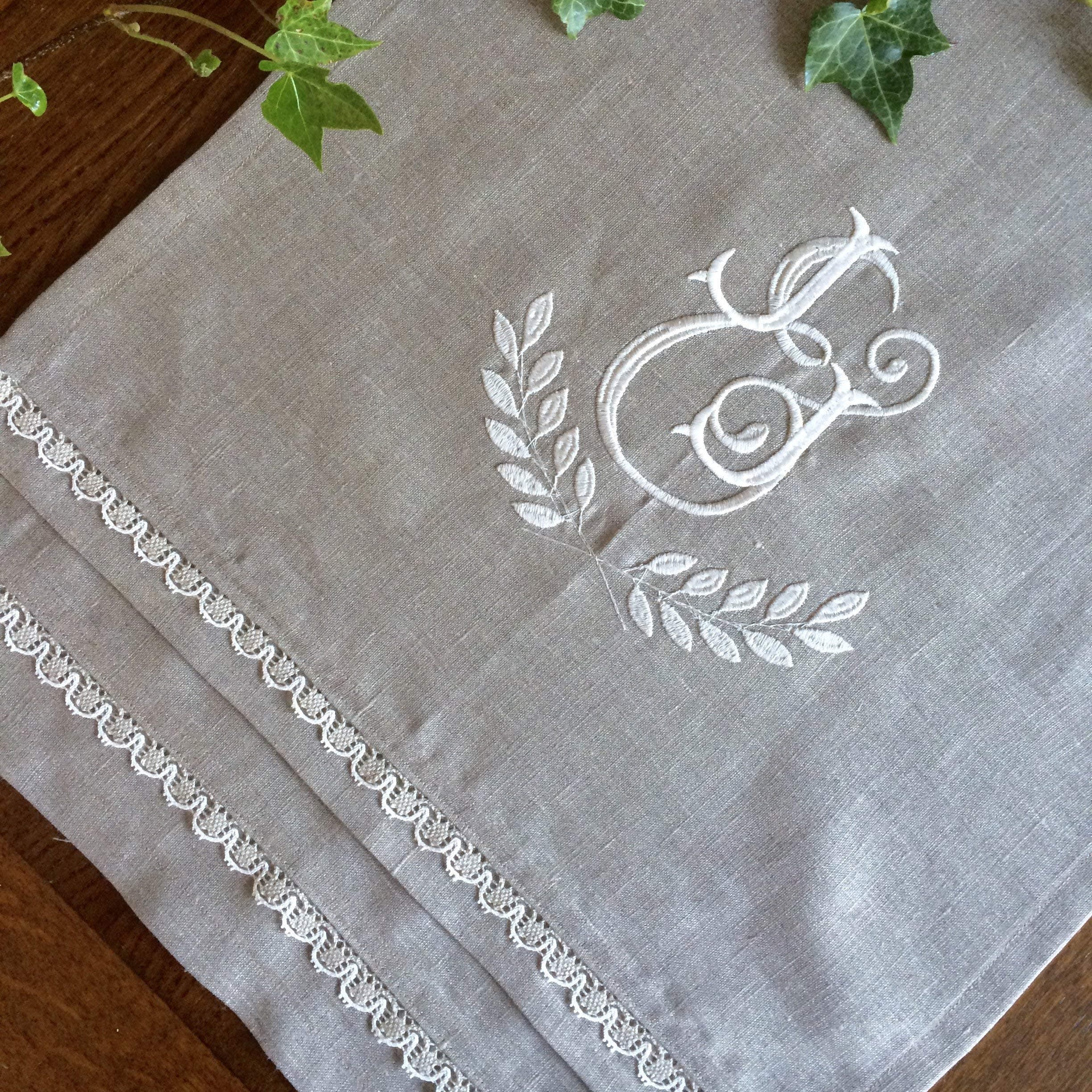Personalised Monogram Natural Linen Lace Table Runner Embroidered Sideboard Cloth 50 inches long