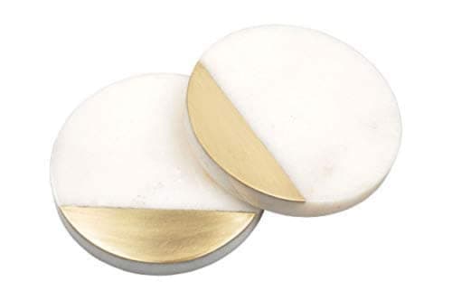 Lattoo Handmade White Marble and Brass Round Shape Set of 2 Tea Coasters for Home and Office