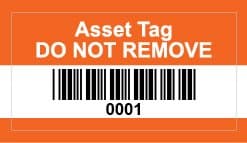 Orange Asset Barcode Labels - Numbered 1 to 500 - Permanent Synthetic PP 38mm x 20mm Labels - Price per Sheet of 500 Labels (P/NO. 7828676)