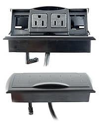 Byrne, Table or Desk Mini-Port Power and Data Center, Color: Matte Black, Material: Molded Plastic, Dimensions: Above Desk; 3”Wx x7”L - Below Desk; 2.5”W x 6”L, Qty: 1