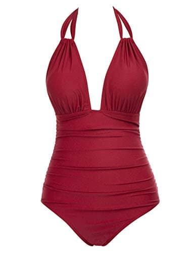 Zexxxy Women's Solid Swimsuit Deep V Push up High Cut Swimwear One Piece Burgundy XL