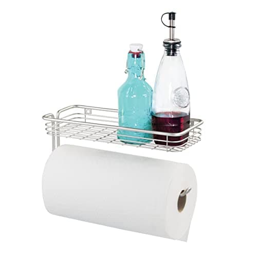 iDesign Classico Wall Mounted Kitchen Roll Holder with Shelf, Metal Paper Towel, Kitchen and Toilet Roll Holder for the Wall, Satin