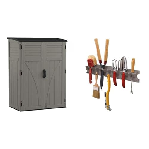 Suncast 54 cu. ft Resin Vertical Lockable Storage Shed, Stoney, BMS5700SB & 2' Wall Mount Tool Organizer for Hanging Lawn and Garden Tools, 30 lb. Weight Capacity, Gray
