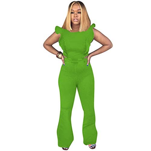 ECHOINE Women's Sexy Ruffled Denim Jumpsuits Solid Wide Leg Long Romper Pants Clubwear