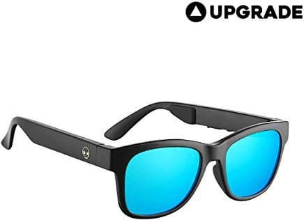 VOCALSKULL Alien Bone Conduction Glasses Polarized Sunglasses Wireless Bluetooth Headset Sports Stereo Music Headphones with Microphone for iOS Android Windows Bright Black Frame (Blue Lens)