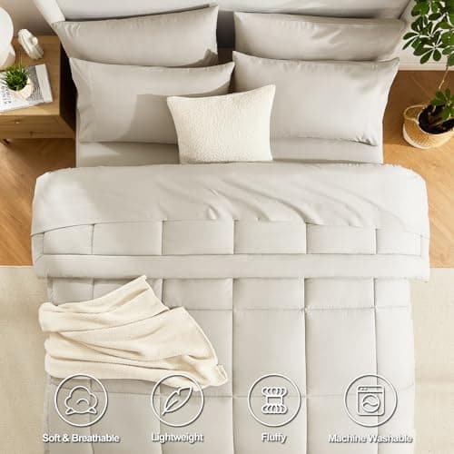 CozyLux Queen Size Comforter Sets - 7 Pieces Bed in a Bag Set Beige, Bedding Sets Queen with All Season Quilted Comforter, Flat Sheet, Fitted Sheet, Pillowcases, Beige, Queen