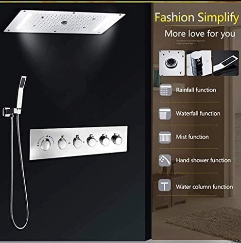 Cascada Vaticano LED Modern Shower System | Multi-Functions Shower head with Handheld Shower | Ceiling Mount | 15"x28" | 6-Knob Thermostatic Valve (15"x28", Brushed Gold)