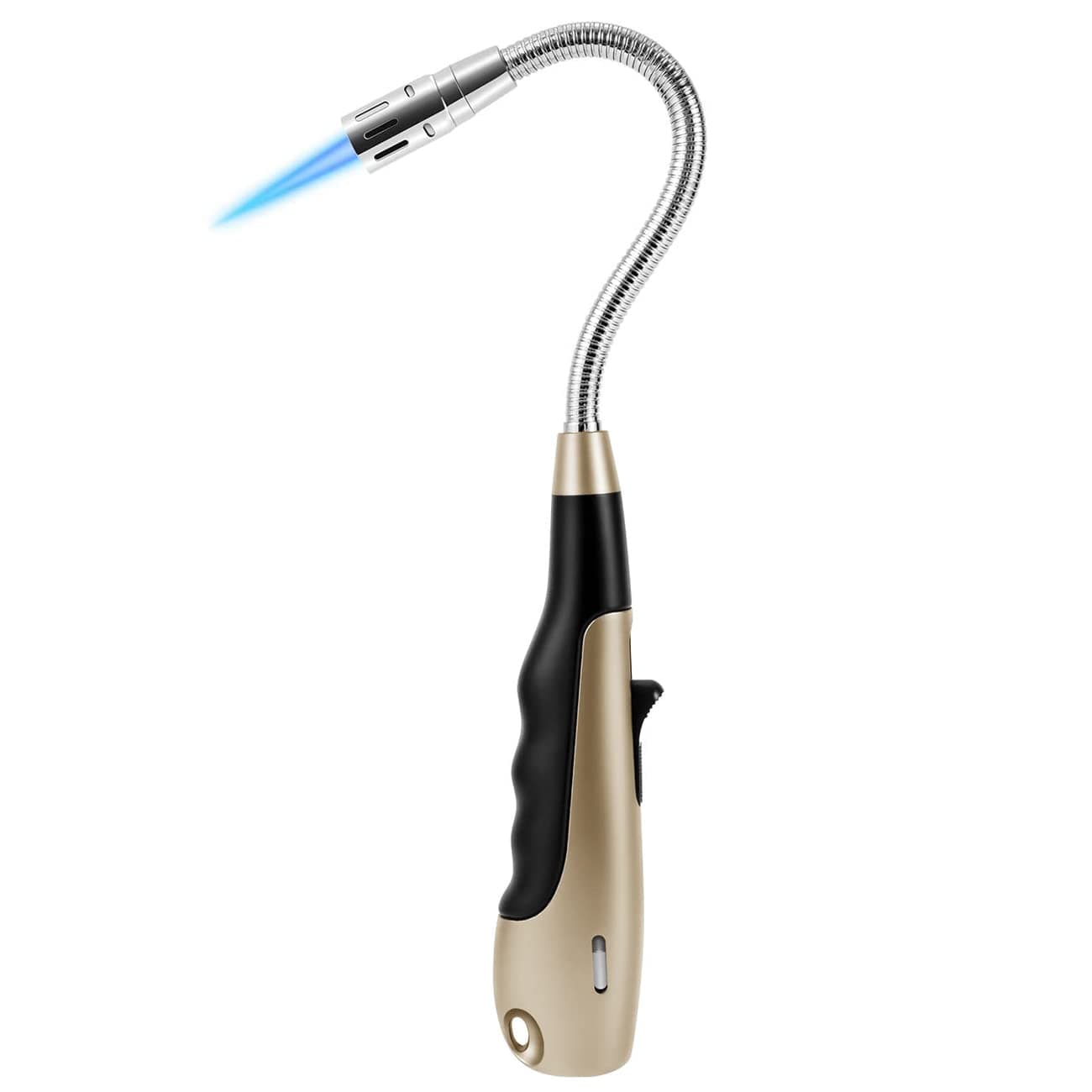 V 1985.5.10 Butane Lighter Torch Long Lighter Jet Flame Windproof Lighter with Visual Fuel Window for Fireplace Kitchen Grill BBQ Camping, Gold (No Butane Included)