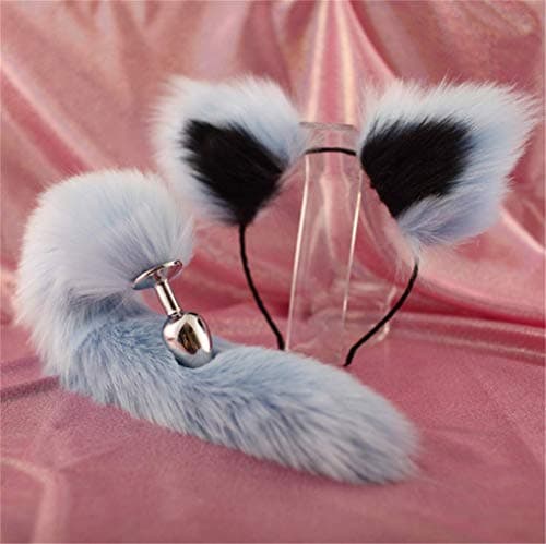 Blue Three Sizes Fluffy Faux Fox Tail & Cat Ears Headband Charms Role Play Costume Party Masquerade Cosplay Prop (Blue & Black, S)