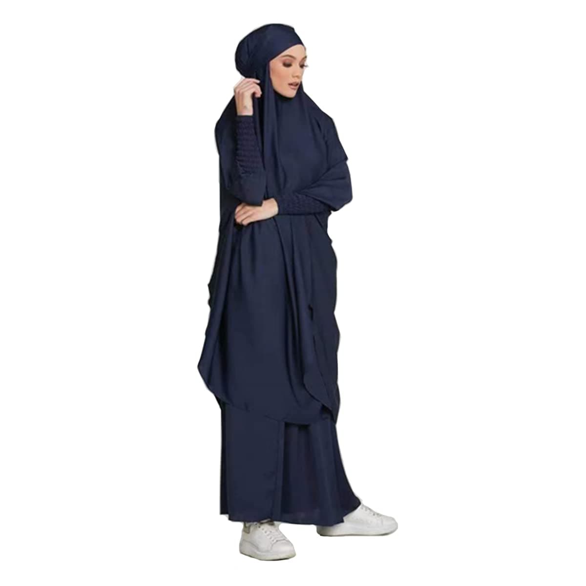 Women Muslim 2 Set Solid Color Plus Long Sleeve Thobe One-size Longuette Overall Abaya Thobe with Hoodied Hijab