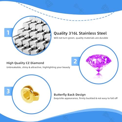 Get the Perfect Ear Piercing with 24 Pcs Premium Ear Piercing Kit - Includes 8 Purple CZ Stones Earrings and 8 Easy-to-Use Self Ear Piercing Gun - Safe and Painless