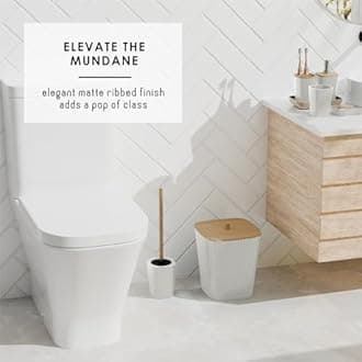 Clara Clark Bathroom Accessories Set - Bathroom Accessory Set with Shower Curtain Set, Toilet Brush, Trash Can & Soap Dispenser (White, Complete Set)