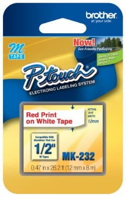 1/2" (12mm) Red on White P-touch M Tape for Brother PT-100, PT100 Label Maker