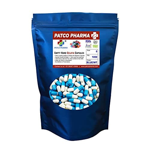 - Patco Pharma- Size 0 Blue/White Empty Gelatin Pill Capsule - Gluten Free Halal Certified for DIY Powder Filling (Pack of 1000)