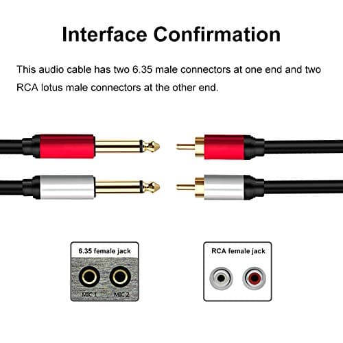 2 x 6.35 mm to 2RCA Cable,Dual 1/4 inch TS Stereo Jack Male to 2 RCA Male Stereo Audio Cable Splitter Adapter (5ft/1.5m, Black)