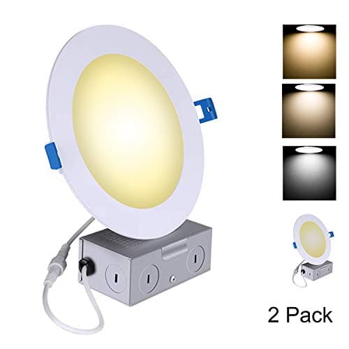 NICKLED 3 Color 6inch 12W Round LED Recessed Panel Ceiling Light IC Rated with Junction Box, Dimmable 3000K/4000K/5000K, ETL Approved (2Pack 6inch, Color Changing by Switch ON/Off)