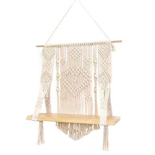 Trycooling Handmade Boho Cotton Rope Wood Macrame Wall Hanging Shelf Single Tier Floating Hanging Shelf Organizer Hanger Home Decor