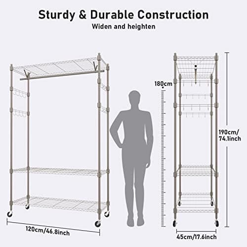 Heavy Duty Clothes Rack, Adjustable Rolling Garment Rack with Shelves, Freestanding Wardrobe Rack 1 Clothes Hanging Bar, 3 tired Wire Shelving, 4 Hanger Hooks - Hold Up to 400Lbs (Gray, 1Rod 4Hook)