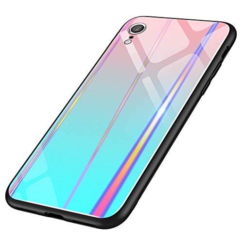 DaVoice Cute Phone Case Compatible with Apple iPhone XR Silicone Case iPhone XR Case Silicone for Girls Women Slim Thin Holographic Colorful iPhone XR Glass TPU Case (Pink/Teal)